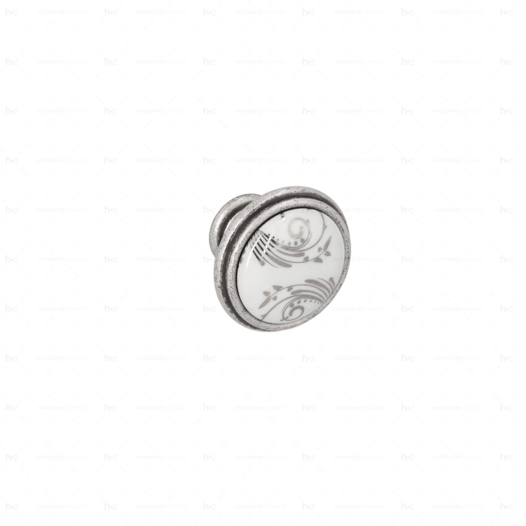 Boutons pour meubles en zamac et  Porcelaine  Diamètre 35  Vieil argent brillant Lot de 25