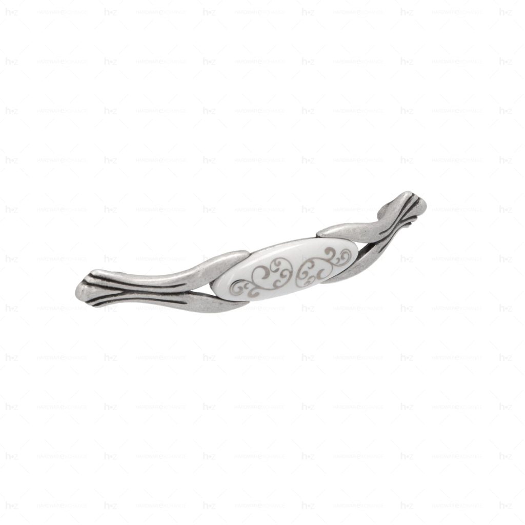 Poignée pour meubles en zamac et  Porcelaine  Entraxe 128  Vieil argent brillant Lot de 25