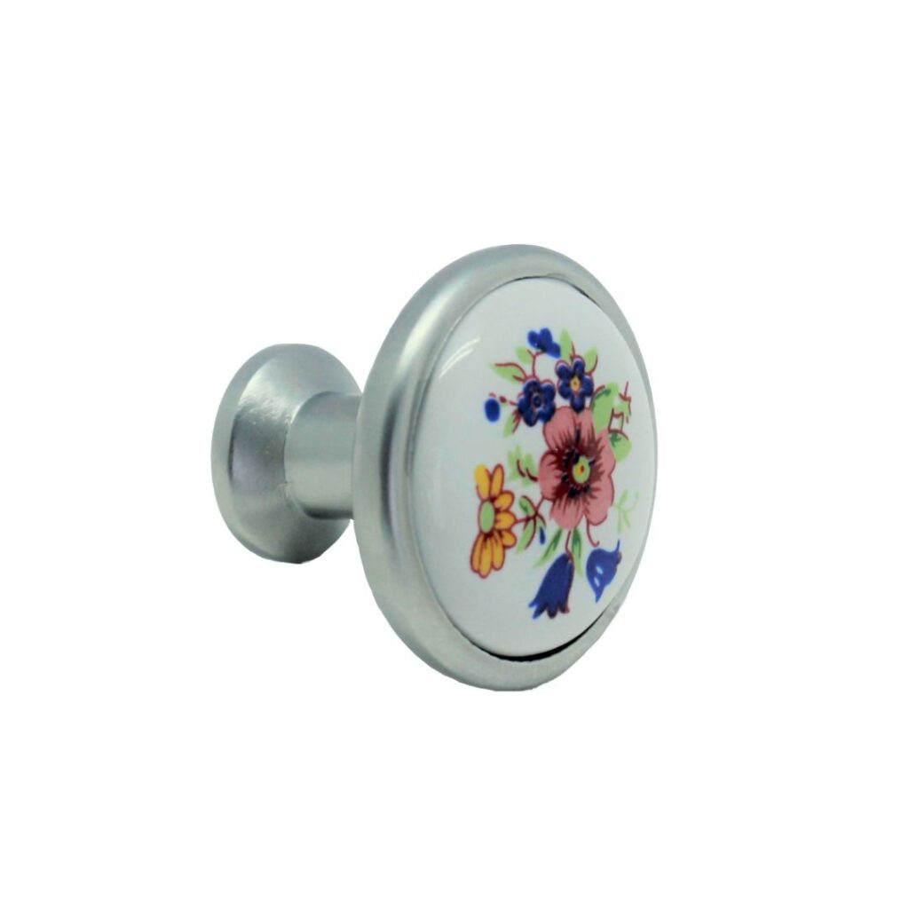 Bouton de meuble en porcelaine blanc, sur base chrome mat d 32 mm - Gris / argent
