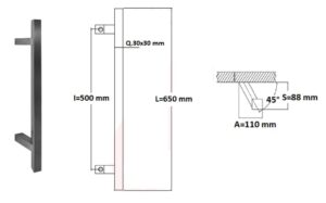 Poignée de tirage Carrée 30x30 mm - Entraxe=500 - S=90 - A=75 - L=650 mm - incliné 45° - INOX 304 Laqué RAL 9005 Noir Mat - immagine 4