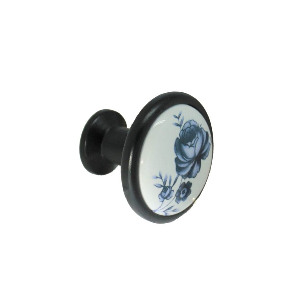 Bouton de meuble en porcelaine blanc, sur base noir mat d 32 mm