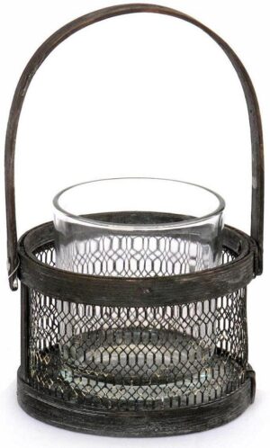 Porte 2 bougies en fer, avec 1 coupes en verre - Anthracite