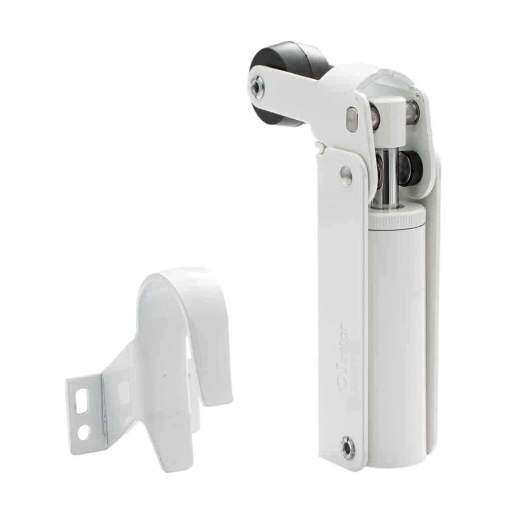 Frein de rétention force 60 N en aluminium anodisé blanc pour porte jusqu’à 40 KG