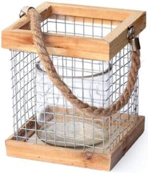 Bougeoir bois et grillage avec poignée en corde, Pot en verre