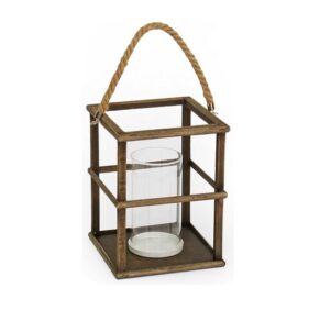Bougeoir en fer avec grande poignée en corde, avec pot en verre - Marron, Bois