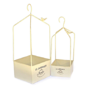 Jardinières cages a suspendre en métal peint beige 14 x 14 x H 41cm-et 18 x 18 x H 51cm - Fer