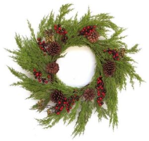 Couronne en cyprés synthétique diamètre 60cm avec pommes de pin et baies de haute qualité - Vert, Fibre synthétique
