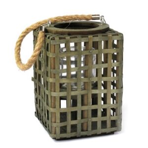 Petit bougeoir panier osier cylindrique, vert, H 20cm, avec Pot en verre, - Fibre