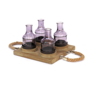 Plateau en bois porte bougie avec poignées en corde 22x22 x H16cm avec 6 bouteilles en verre D 6,5 x h 11cm - Multicouleur, Bois et verre