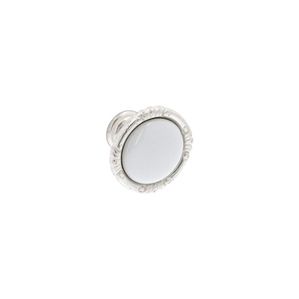 Bouton pour meubles en zamac et Porcelaine Diamètre 38mm Venise argenté Lot de 6 - Blanc, Zamak