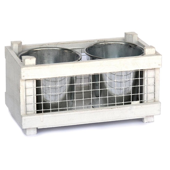 Jardinière en bois pour 2 pots en zinc D 10 cm - Blanc