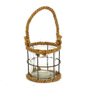 Grand bougeoir en fer avec corde, 12 cm de diamètre x 11,5 cm de hauteur ; bocal en verre, 10 cm de diamètre x 10 cm de hauteur - Marron