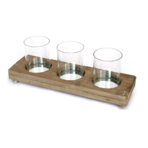 Bougeoir en bois pour 3 bougies 42,5x13 x h15,5cm- pot en verre 9 diam x h11cm- Socle 42,5x13xh5,5cm - Marron, Bois et verre
