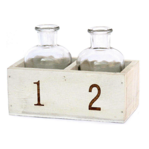 Support en bois blanc 14,5x7,5cm x h6/11cm avec 2 carafes en verre 5,5 cm diam x h10cm
