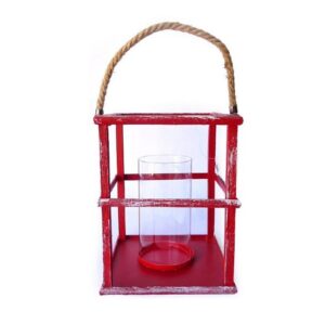 Porte bougie en fibre naturelle 16x16 x h21cm avec poignée en corde et verre 7 diam. x h 14cm rouge Lot de 2