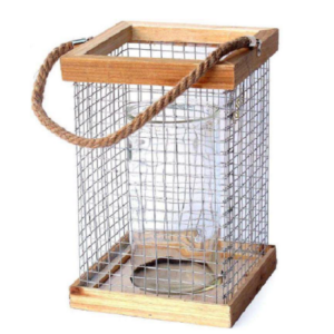 Porte bougie en bois et  fil de fer avec poignée en corde 14x14 x H17cm avec Pot en verre 10 diam x h10cm - Incolore / transparent, Bois et métal