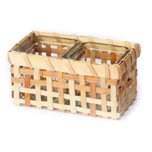 Porte 2 bougies en fibre de bois, H 8,5cm, avec 2 réceptacles en verre - Beige