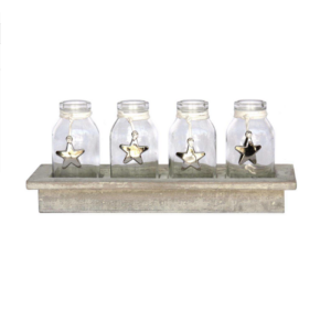 Support en bois pour 4 pots 26,5x9 x h3,5/11cm avec Pot en verre 5xh10cm - Gris / argent