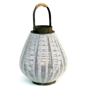 Lanterne en bois et tissus avec verre 35x35 x h43 avec anse 57cm. - Blanc, Bois et verre