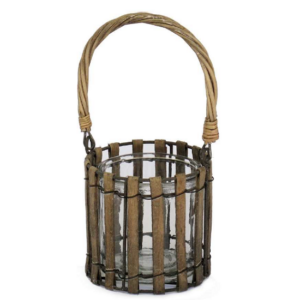 Bougeoir rond en bois naturel poignée en osier 12 diam x H11,5 cm avec pot en verre 10 diam x h10 cm - Marron, Bois et verre
