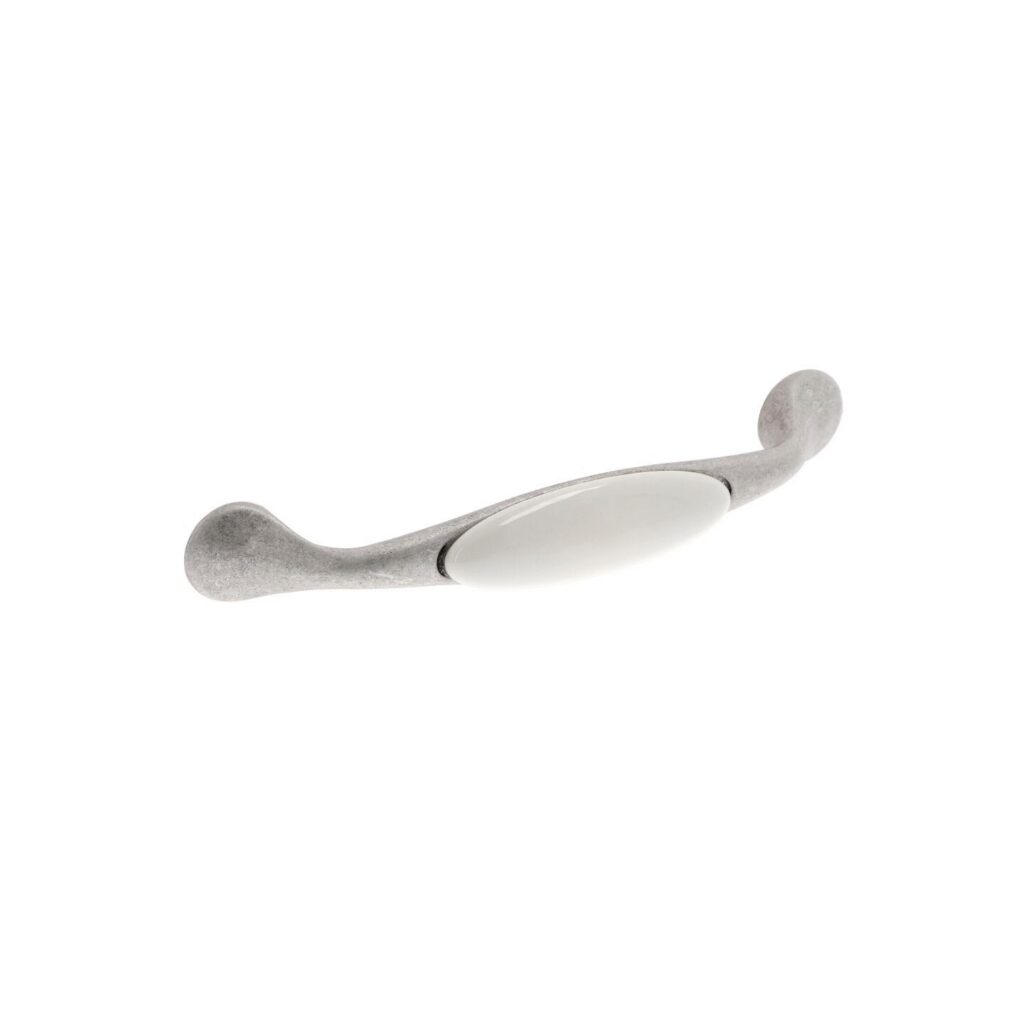 Poignée pour meubles en zamac et porcelaine Entraxe 128mm Vieil argent rayé Lot de 25 - Gris / argent, Zamak