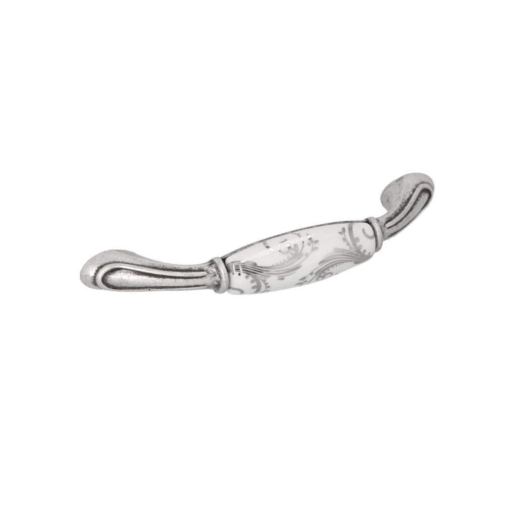 Poignée pour meubles en zamac et Porcelaine Entraxe 96mm Vieil argent brillant Lot de 25 - Gris / argent, Zamak