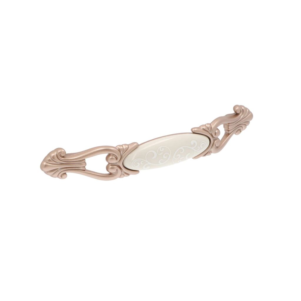 Poignée pour meubles en zamac et Porcelaine Entraxe 128mm Or mat rose Lot de 25 - Zamak