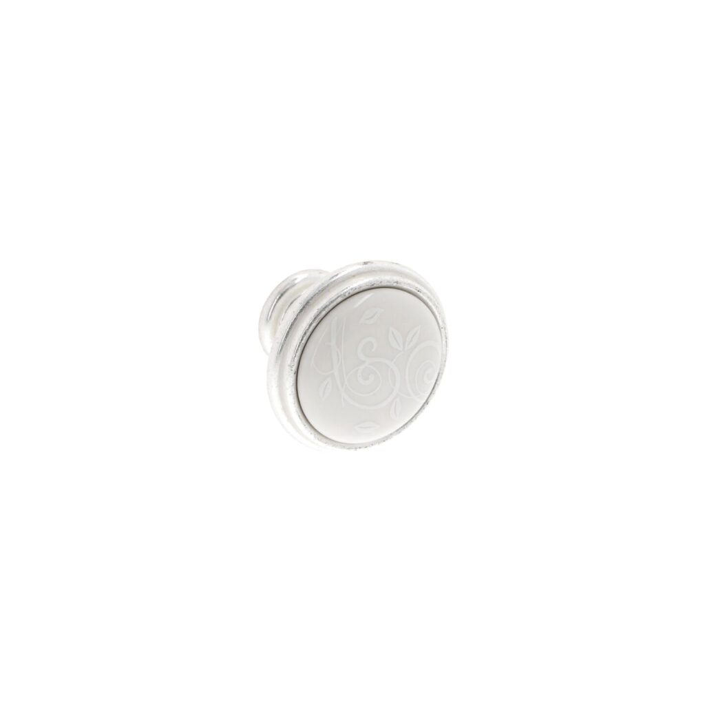 Bouton pour meubles en zamac et Porcelaine Diamètre 35mm Venise argenté - Blanc, Zamak
