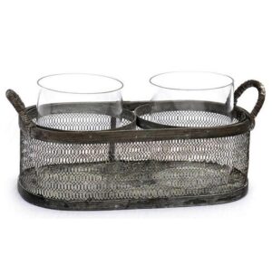Porte bougie en fer, 27x14 x h9cm. /13 cm, avec 2 verres en verre d9,8 x h12cm - Incolore / transparent, Métal