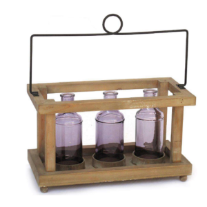 Porte-bouteille décoratif en bois 35x17 x hauteur 21cm avec 3 Bouteilles en verre diamètre 6,5 x hauteur 17cm - Marron, Bois et verre