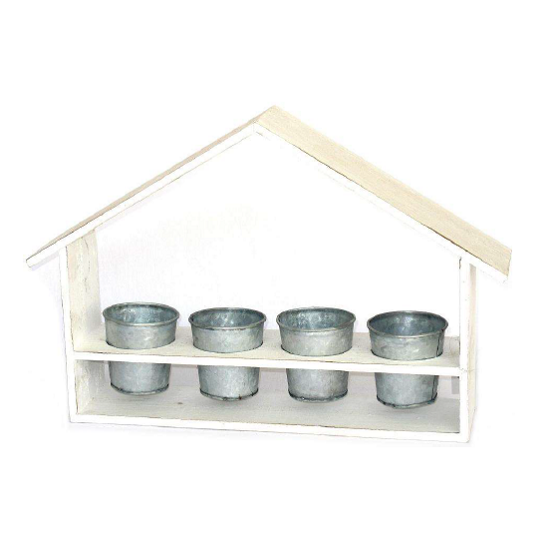 Jardinière en bois peint en blanc 48x10 x h31cm avec 4 pots en zinc 9x9cm.