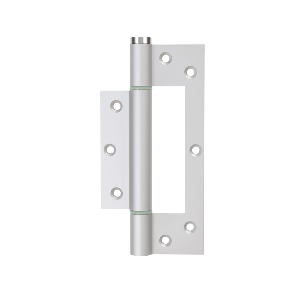 Charnière simple action à ressort, 150X40 mm, en aluminium anodisée argent posée totalement en applique, a lame centrée. <br /> - Gris / argent
