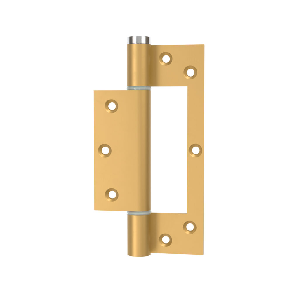 Charnière simple action à ressort, 150X40 mm, en aluminium anodisée or posée totalement en applique, a lame centrée. <br /> - Jaune / doré