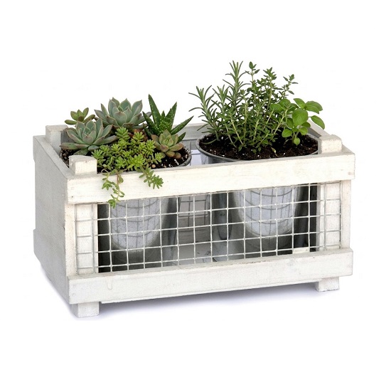 Jardinière en bois pour 2 pots en zinc D 10 cm - Blanc - Image 2