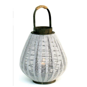 Lanterne moyenne en bois et tissu 31x31 x h37cm avec anse de 51cm - Blanc