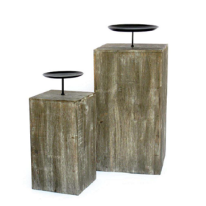 Bougeoirs en bois de sapin 18x18 x haut 33,5cm/ 43cm avec support de fer forgé et 26x26 x hauteur 49cm/58cm avec support en fer forgé lot de 2 - Gris / argent, Bois et métal