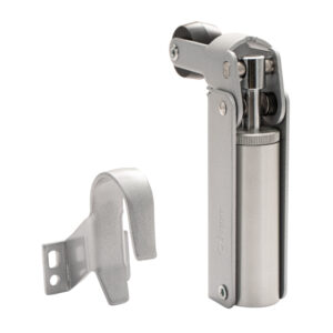 Frein de rétention force 115 N, en aluminium anodisé argent, pour porte jusqu’à 100 KG. – Gris / argent