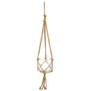 Porte bougie suspendu verre et corde, 72cm - Marron