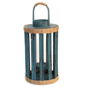Lanterne en bois bleu 24,5x24,5 x hauteur 56cm avec support bougie en verre - Bois et verre