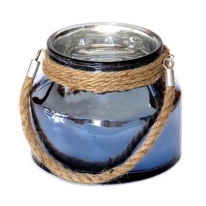 Porte-bougie en verre bleu poignée en corde, D 15,5 cm - Cristal