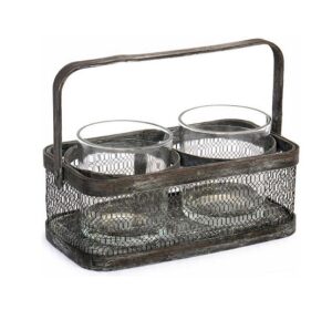 Bougeoir panier en fer, avec 2 bocaux en verre - Marron, Métal