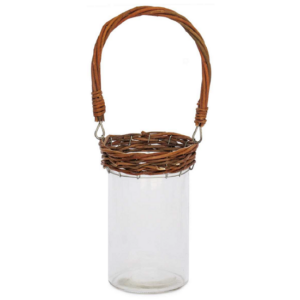 Porte bougie en verre et osier marron diamètre 10 x Hauteur 17 cm - Transparent